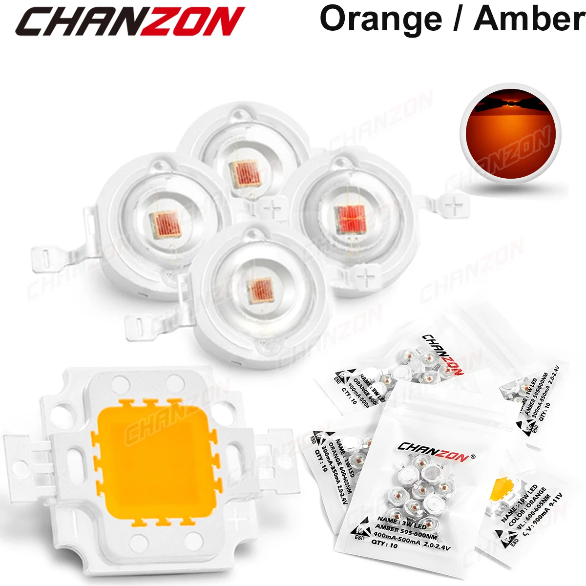 1W 3W 10W High Power LED Chip Orange Amber Light Bead 595-605nm Wavelength Integrated Diode for DIY Lighting Projects and Repairs