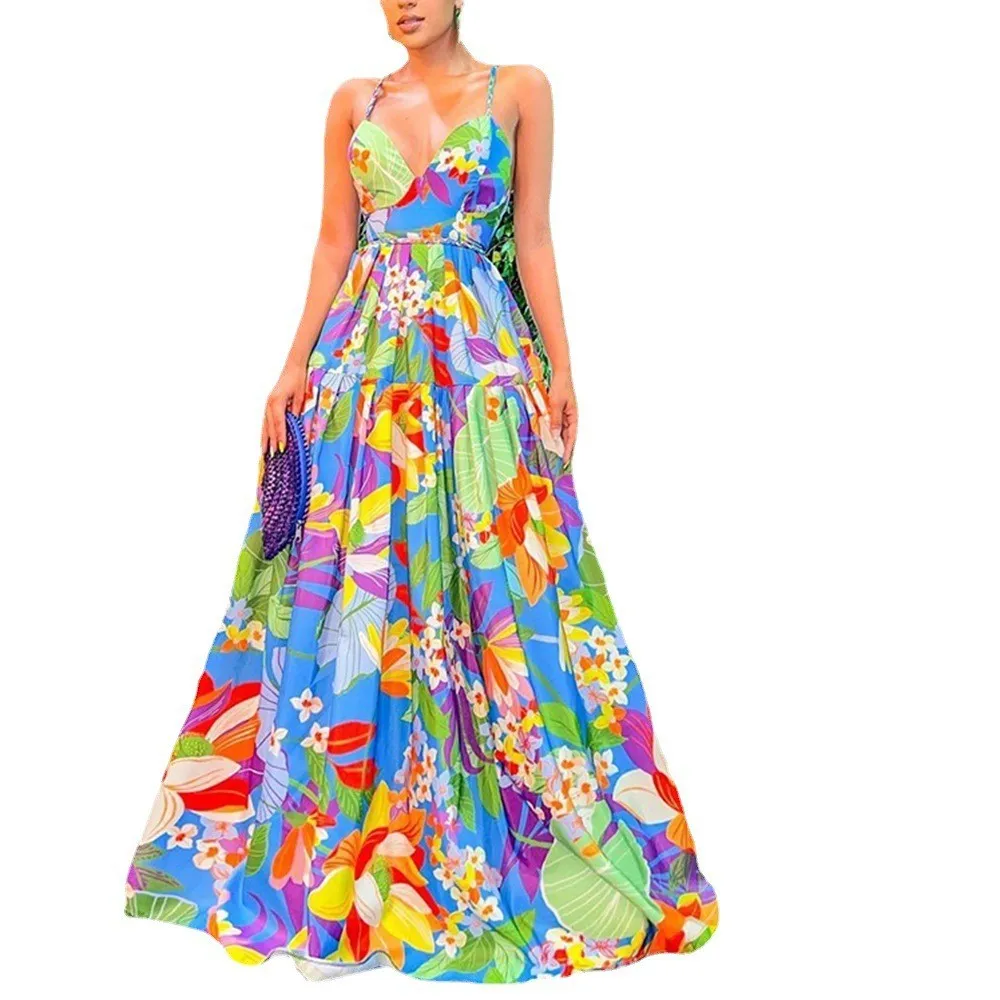 Color Flower Print Spaghetti Strap Evening Dresses Women Temperament Sexy V-neck Backless Beach Vacation Party Long Dress Female