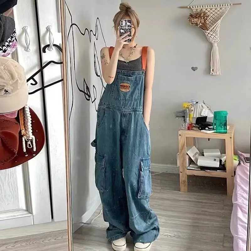 Style Embroidered Denim Strap Jumpsuits Spicy Ink Cool Girl Women'S Autumn/Winter Large Loose And Slim Retro One Piece Pants