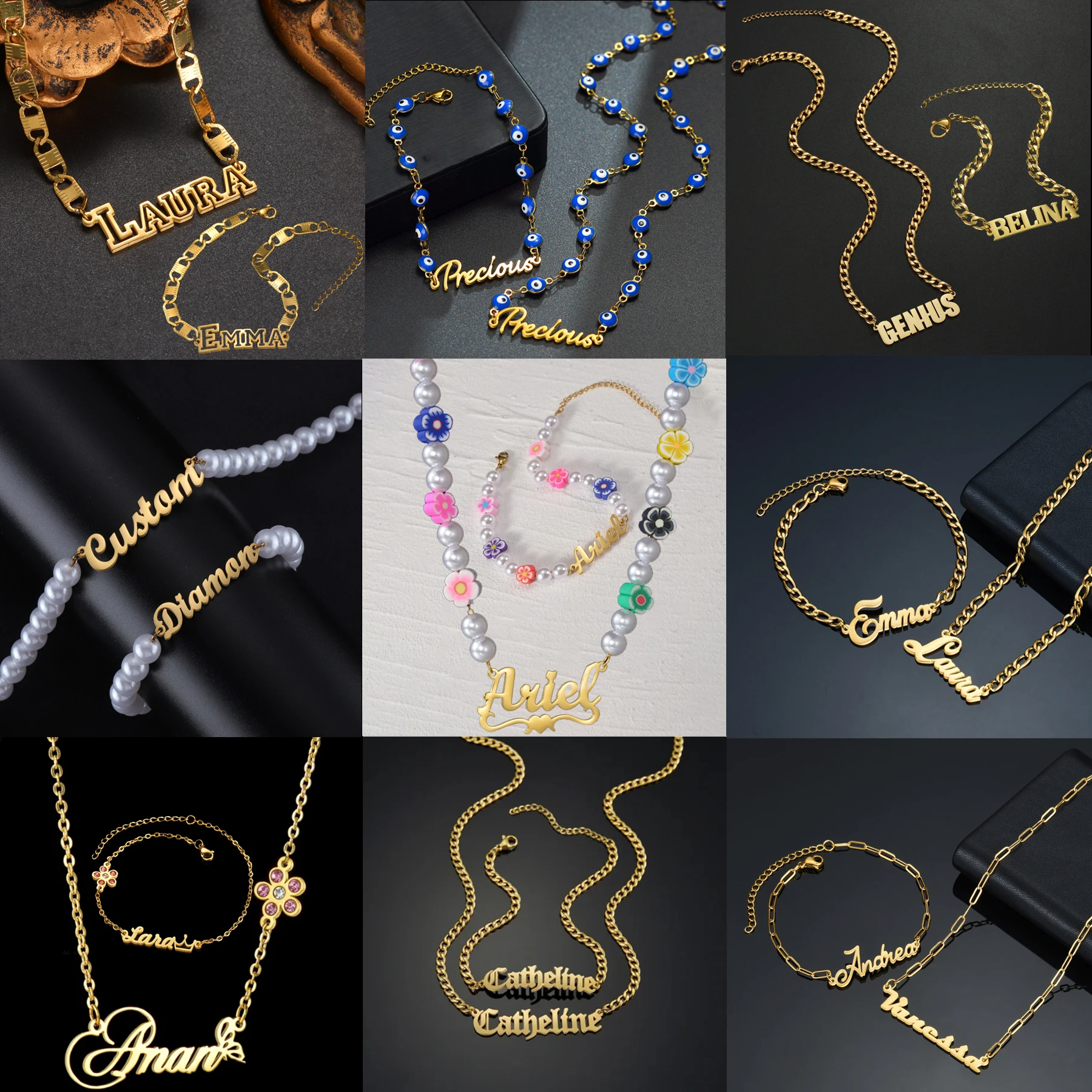 

Customized Name Necklace&Bracelet for Women High-End Stainless Steel Women's Set Personalized Thick Chain Pendant Necklace Gift