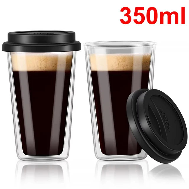 350ml Double Walled Glass Coffee Mugs with Silicone Lids,Insulated Drinking Reusable Coffee Cup Safe Hot/Cold Drink for Morning 1
