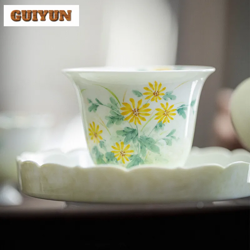 120ml Hand-painted Wild Chrysanthemum Porcelain Gaiwan Elegant Tea Bowl Tea Tureen Brewing Cover Bowl Teaset Ornaments Gifts