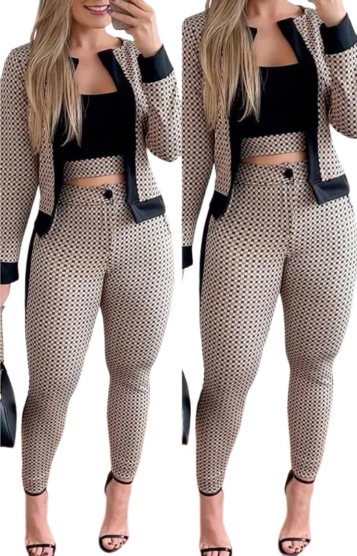 Women's Suit Autumn 2023 Temperament Commuting Pants Set Three Pieces Casual Fashion Play Print Contrast Paneled Coat& Pants Set 2023 summer women contrast paneled crop t shirt