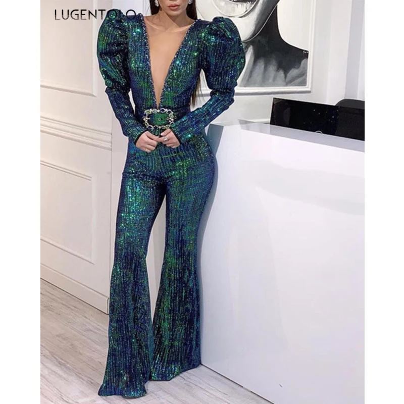 

Women Jumpsuit Spring Autumn Casual Long Sleeve V-neck Women's Sequin Side Solid Fashion Long Jumpsuits Lugentolo
