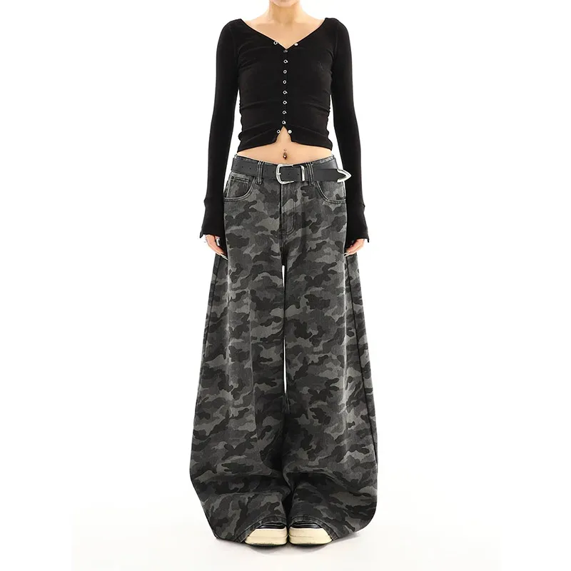 Women camouflage Jeans Sense design Vintage High Waisted Straight Denim Trouser Y2K American Streetwear Wide Leg Denim Pants ﻿ 2