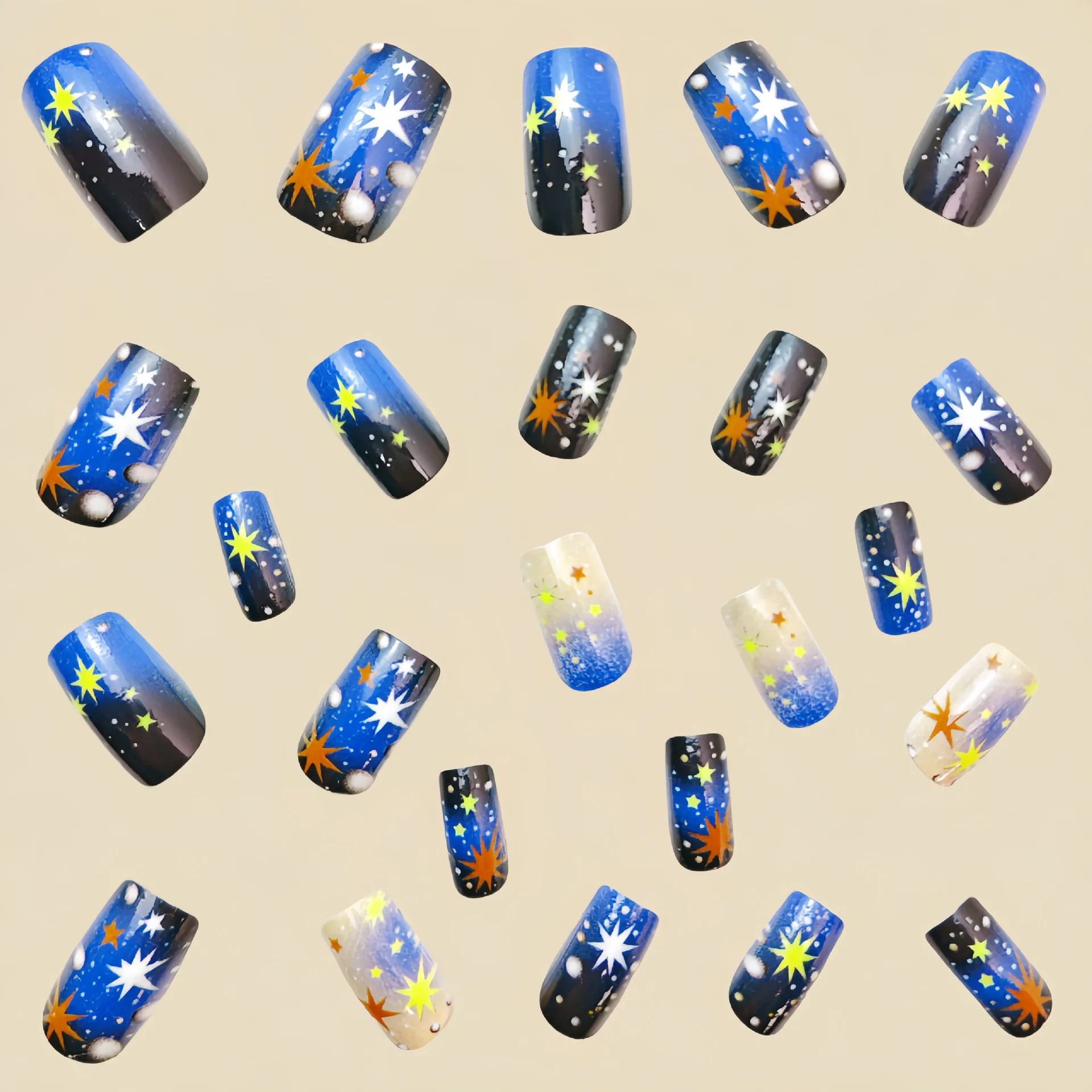 24 Stück/Set Mittellange Künstliche Nägel Quadratische Ballett-Nagelspitzen Glitzernde Sternenhimmel-Mond-Stern-Feder-Design Aufklebenägel Falsche Nagelkunst – Detail 6