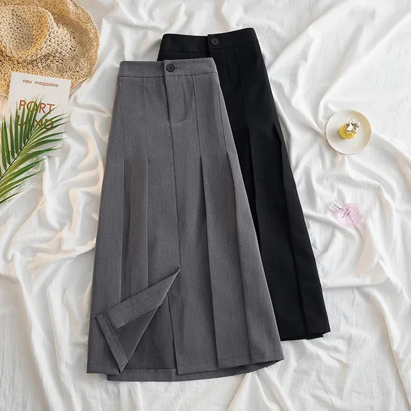 

Black Gray Pleated Long Skirt for Women 2023 Spring Japanese Style High-Waist Skirts Woman Office Streetwear Midi Skirt