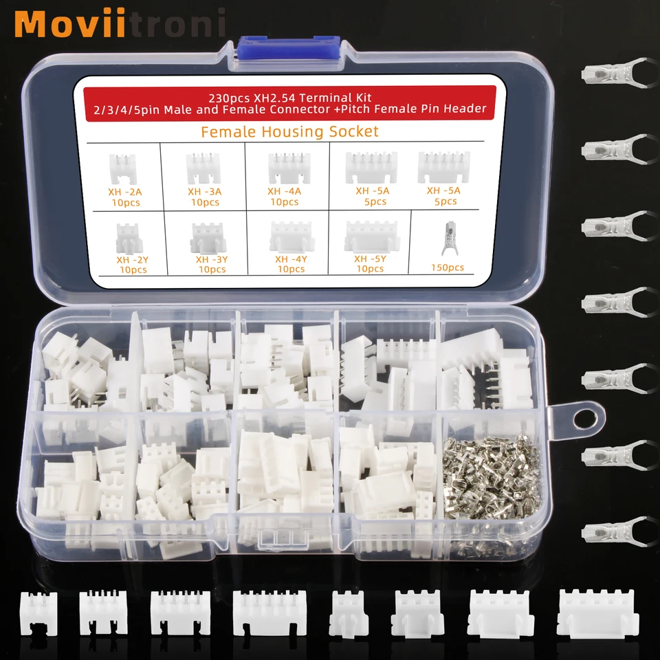 Set di connettori XH 2,54 mm, JST XH compatibile, passo da 2,5 mm, maschio, femmina, connettori e cavi pre-crimpati in silicone 22 AWG, fili a 2, 3, 4, 5, 6 pin