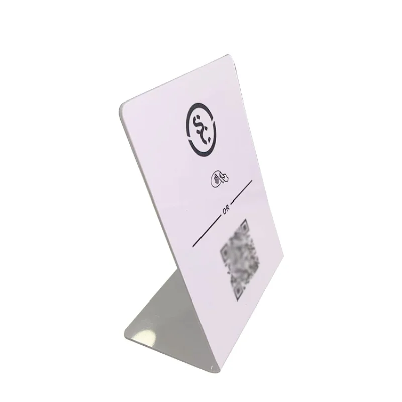 

Customized Custom PVC Acrylic Programmable Table Number QR Code 13.56Mhz NFC Display Stand For Menu Review