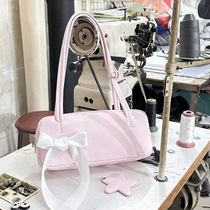 Japanese Style Sweet Cute Bow Shoulder Bags Women Leather Large Capacity Crossbody Bag Ladies Square Casual Gentle Underarm Bag