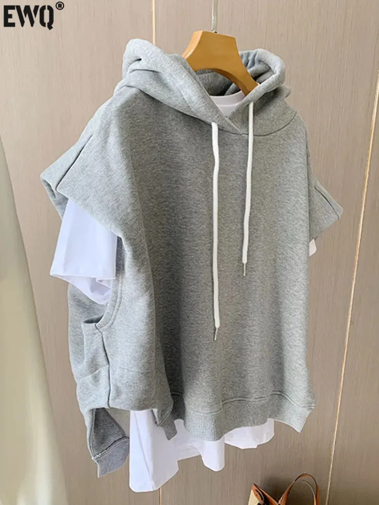 

[EWQ] Streetwear Hooded Drawstring Design Sleeveless Pullover Sweatshirt Casual Loose Thick Warm Women Tops Autumn 2023 16U5633