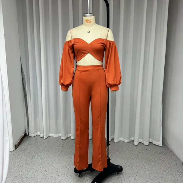 Wefads-Conjunto de dos piezas con hombros descubiertos para mujer, Top corto con espalda descubierta, pantalones ajustados sueltos, color liso, moda de verano