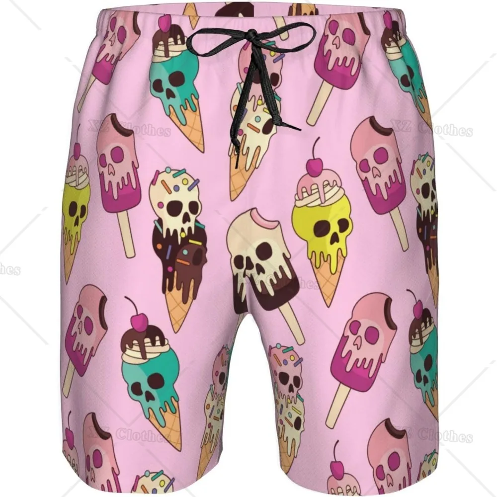

Sugar Skull Ice-cream Design Men's Fashion Beach Shorts Breathable Beach Board Shorts Swim Trunks Quick Dry