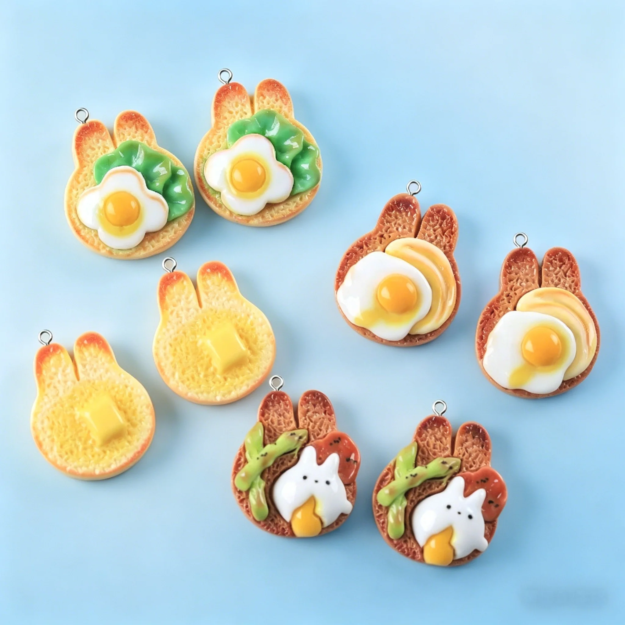 10pcs 카와이 토끼 토스트 레진 펜던트, 귀여운 음식 참 장식품, 수제 쥬얼리 제작, 귀걸이, 키체인, 공예품용
