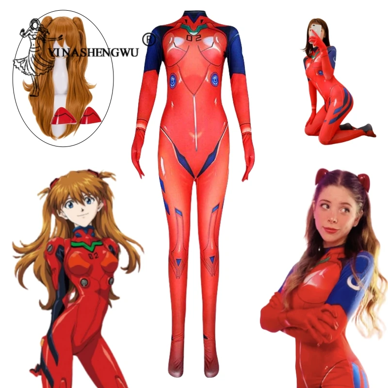 Asuka Cosplay Costume Anime EVA Combats Women Bodysuit Asuka Langley Wig Jewelry For Girl Jumpsuits Halloween Carnival Clothes