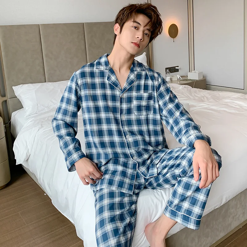 

Мужская вискозная ночная рубашка с отложным воротником, пижама с длинным рукавом и брюками, домашняя одежда, клетчатый пижамный комплект из 2 предметов для сна