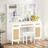 Rattan Makeup Vanity Desk with Mirror and Lights with 3 Drawers & Shelves, with 2 Rattan Door Cabinets, 47'' Modern Vanity Table 1
