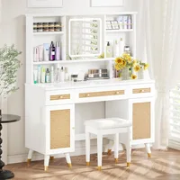 Rattan Makeup Vanity Desk with Mirror and Lights with 3 Drawers & Shelves, with 2 Rattan Door Cabinets, 47'' Modern Vanity Table 1