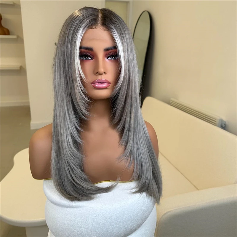 Natural Women Wigs Dark Gray Color with Small Thin Highlights Lace Front Wigs 13x4 Glueless Silky Straight Synthetic