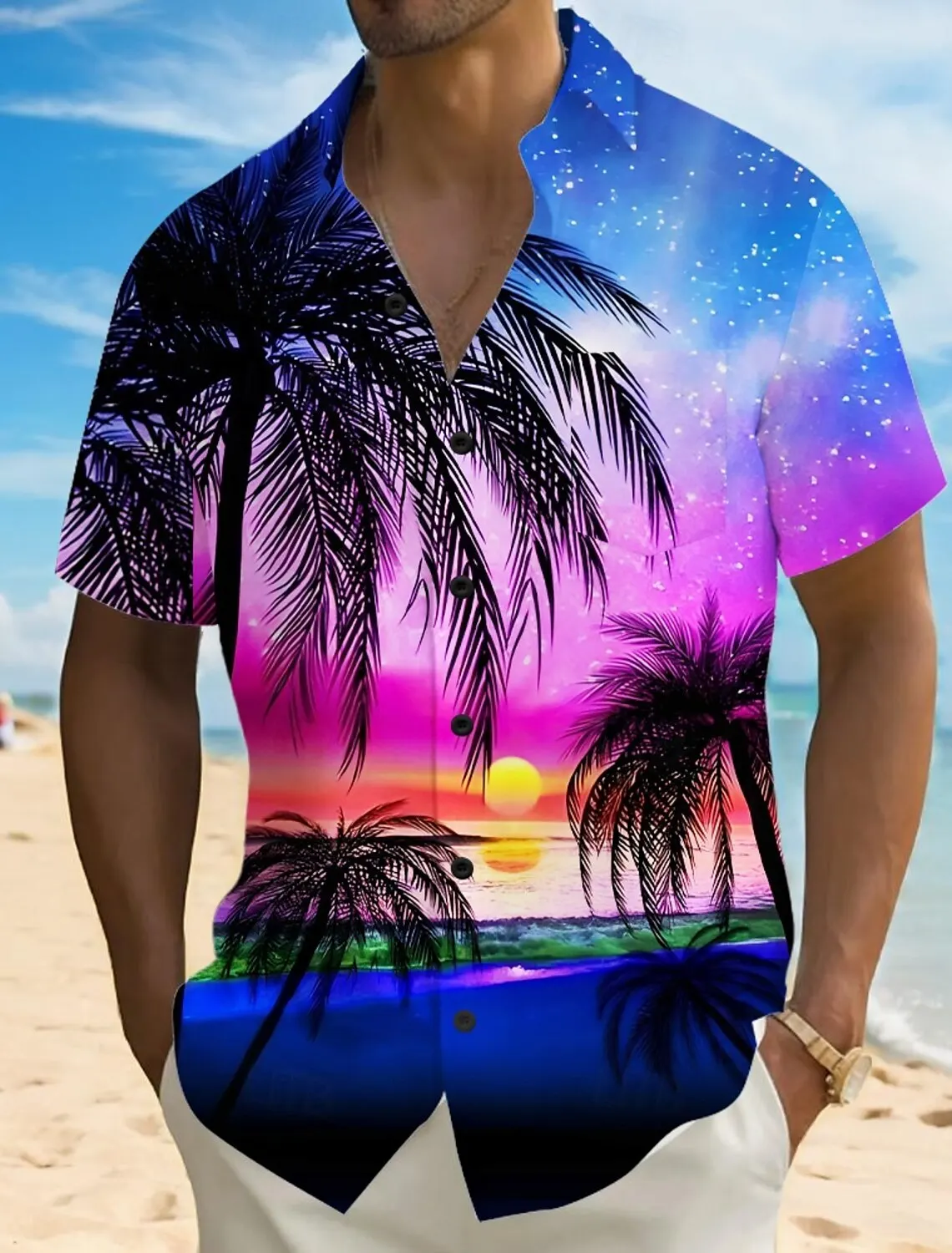 Fashion Men's Hawaiian Shirt 3D Printed Landscape Tropical Plants Shirt Short Sleeved Summer Casual Aloha Shirt for Mens