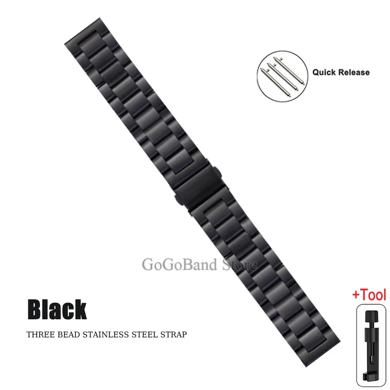 Premium Stainless Steel Watch Band, 20mm/22mm, Metal Strap, Silver/Black Finish