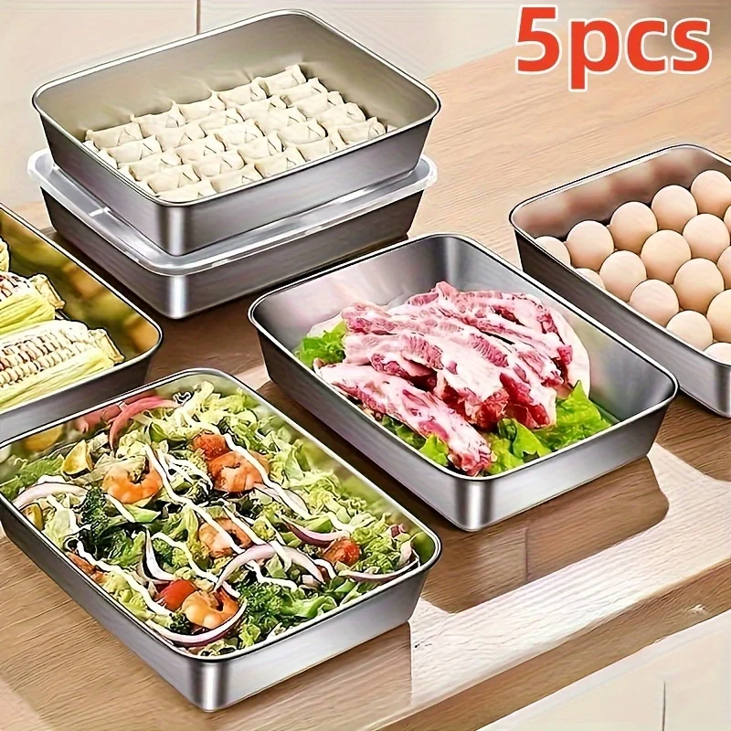 5 Stainless Steel Food Storage Containers Set Transparent Lids Stackable For Meat/Fruits/Veggies In Camping