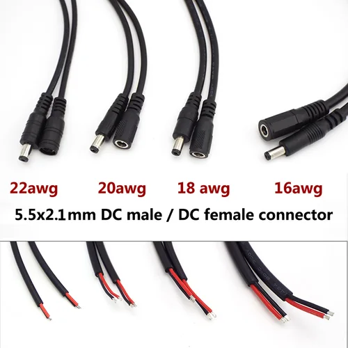 DC 수 암 전원 공급 장치 연장 케이블, LED 스트립 조명용 구리 와이어 전류 커넥터, 5A, 7A, 10A, 5.5x2.1mm, 16, 18, 20, 22awg 2