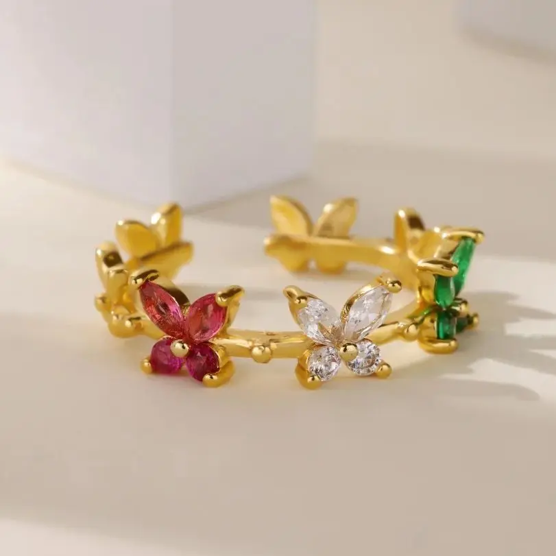 Colorful Zircon Butterfly Rings Gold Color Stainless Steel Adjustable Ring