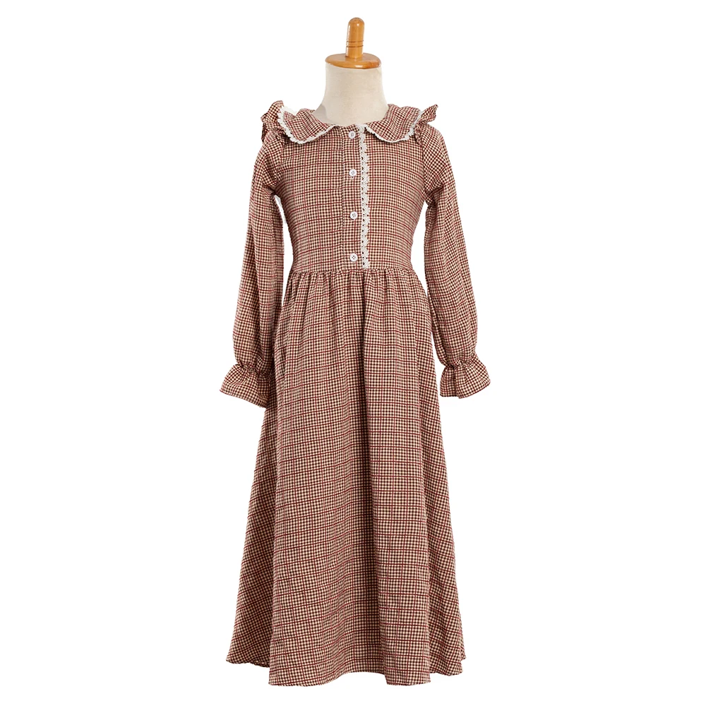 Girls Vintage Brown Green Yellow Plaid Cotton Casual Dress Children Daily Causal Lolita Dress Historical Costume for Little Girl