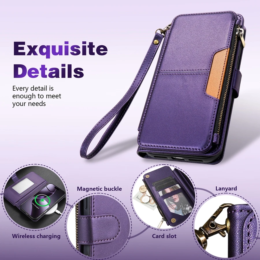 Luxury Leather Wallet Case with Multi-card Slots and Zippered Kickstand