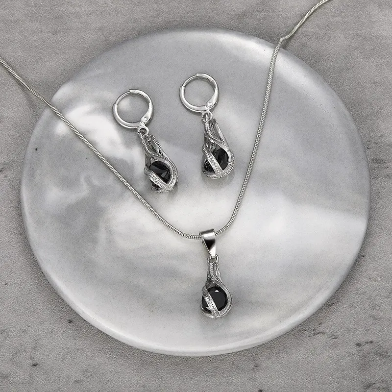 S1adda460da6d406dadd4934907d0c0a2A 3pcs Necklace Earring Set Ladies Light Luxury Wind Copper Alloy Pendant Black Crystal Stone Ear Clip Section Combination Jewelry Mallzona