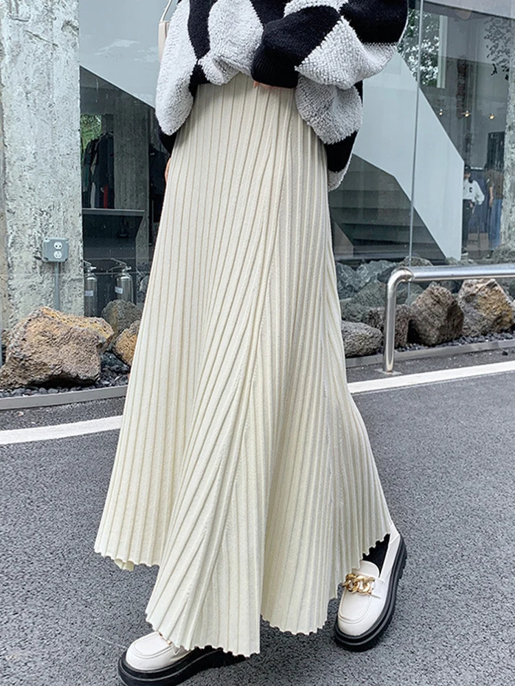 

Long Skirt Women Elegant Fashion Maxi Skirts Female Autumn Winter Knitted Skirt Ladies Korean Loose High Waist Pleated Skirts