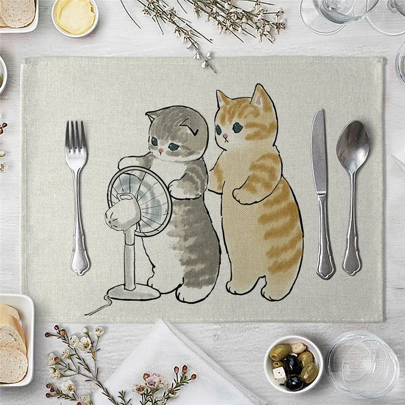 Cat Decorations Placemat Polysterflax Blended Yarn Dining Table Mats Coaster Bowl Coffee Cup Mat Napkin
