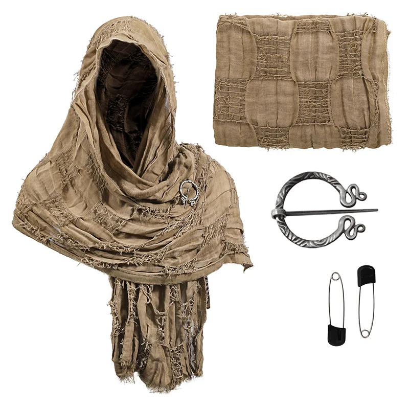 Retro Scarf With Brooch For Medieval Halloween Cloak Costume Cape Wrap Hooded Shawl Cosplay Accessories