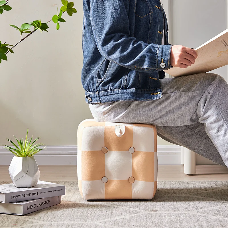 

Children's Stool Living Room Hallway Ottoman Checkerboard Design High Elastic Sponge Step Stool Velvet Fabric Pouffe Storage