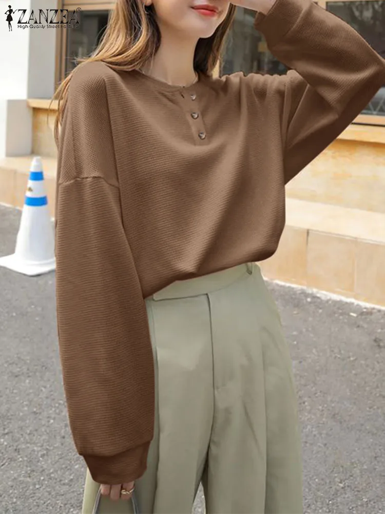 

ZANZEA Women Korean Long Sleeve Top Simple Round Neck Blouse 2023 Autumn Half Button Solid Blusas All-match Fashion Female Tunic