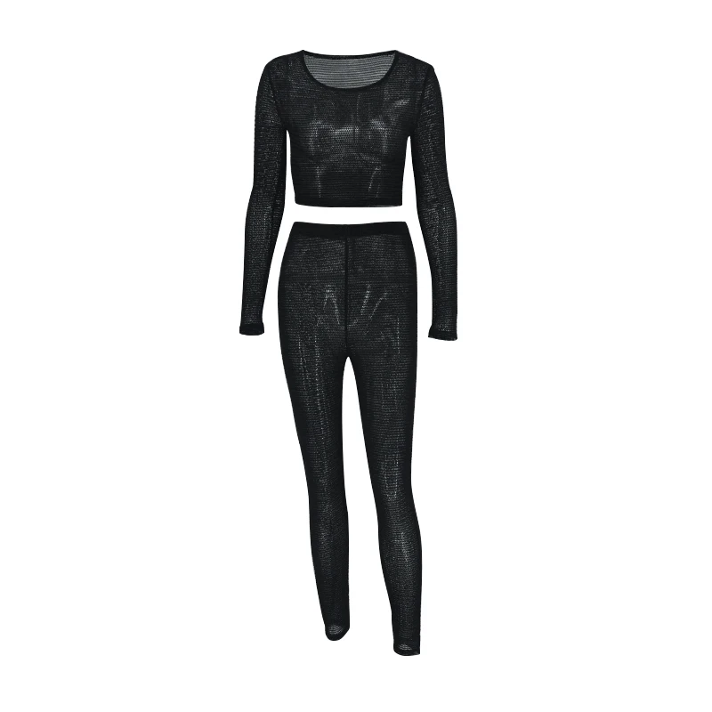 Sexy Mesh T-shirts 2 Piece Sets Women Summer New See Through Hollow Out Crop Top High Waist Pants Suit Fashion Casual Outfits