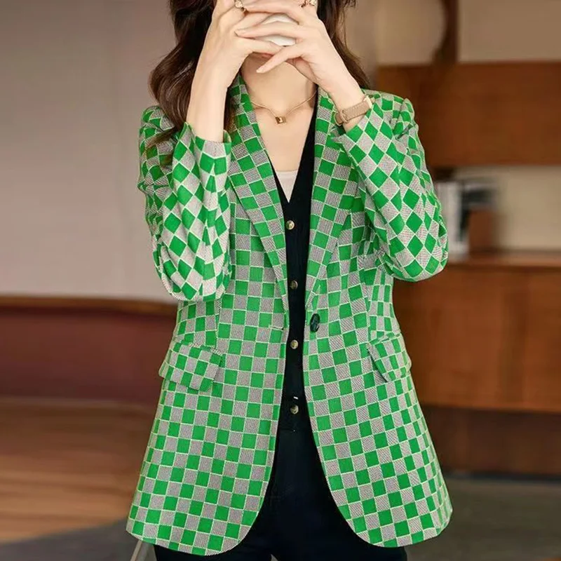 Fashion Lapel Button Spliced All-match Lattice Blazer Women's Clothing 2023 Autumn New Oversized Casual Tops Office Lady Blazers