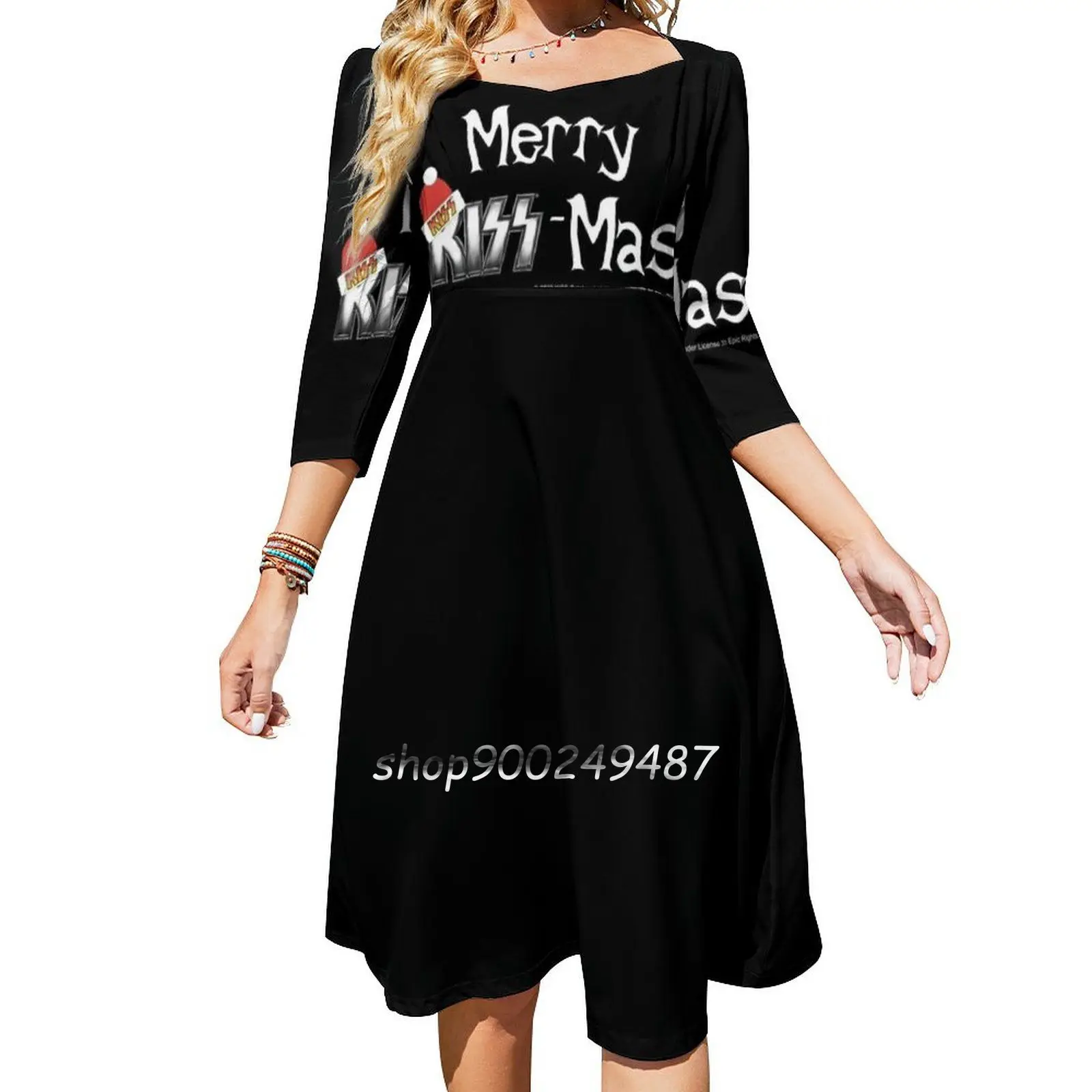 

Merry Kiss-Mas Square Neck Dress Sweet Summer Dress Women Elegant Halter Print Dress Kiss Kiss Fan Art Kiss Band Kiss Music