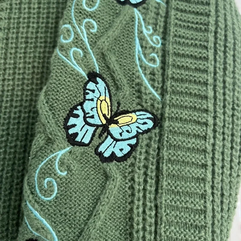 Dark Green Cardigan with Butterfly Embroidered Female Autumn Winter Letter Patch Knitted Cardigan Women 2024 New Sweaters Tops 3
