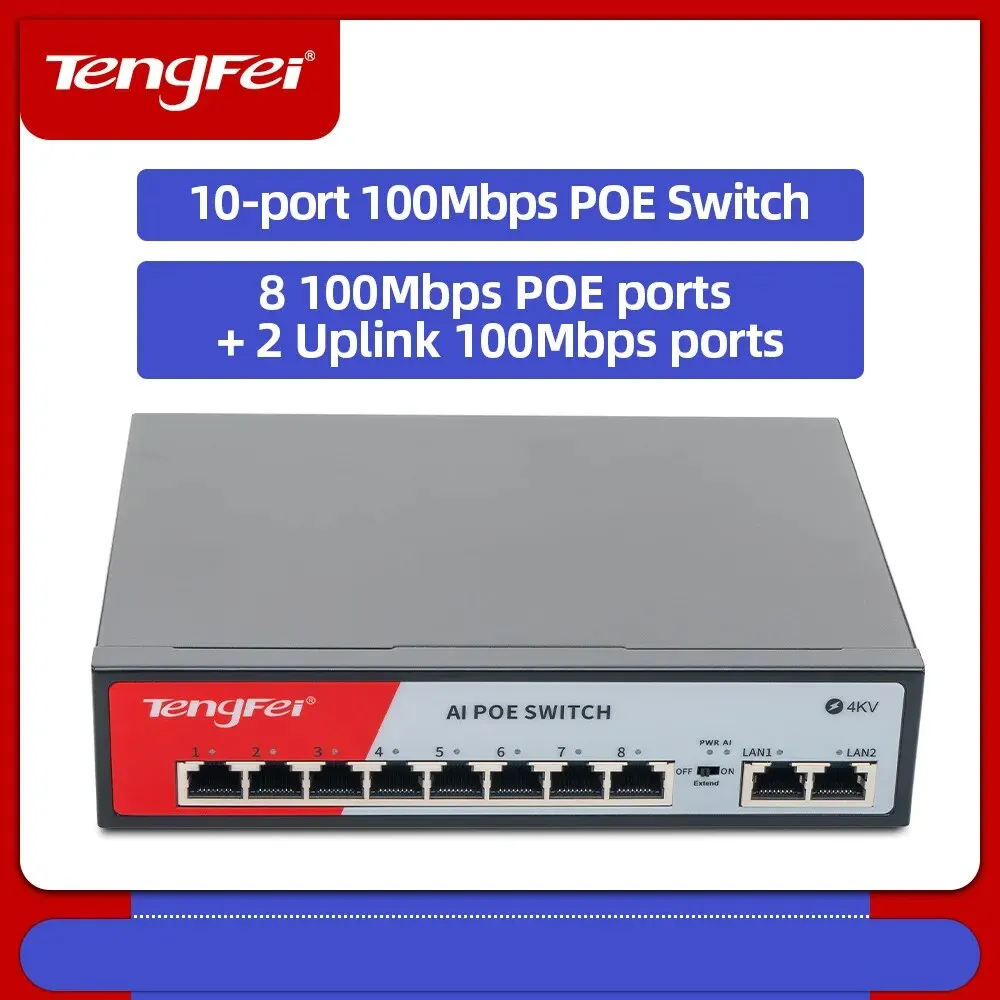 TengFei POE 스위치 10 포트 100Mbps 이더넷 스마트 스위치 8 PoE + 2 업 링크 내부 전원 사무실 홈 네트워크 허브 IP 카메라