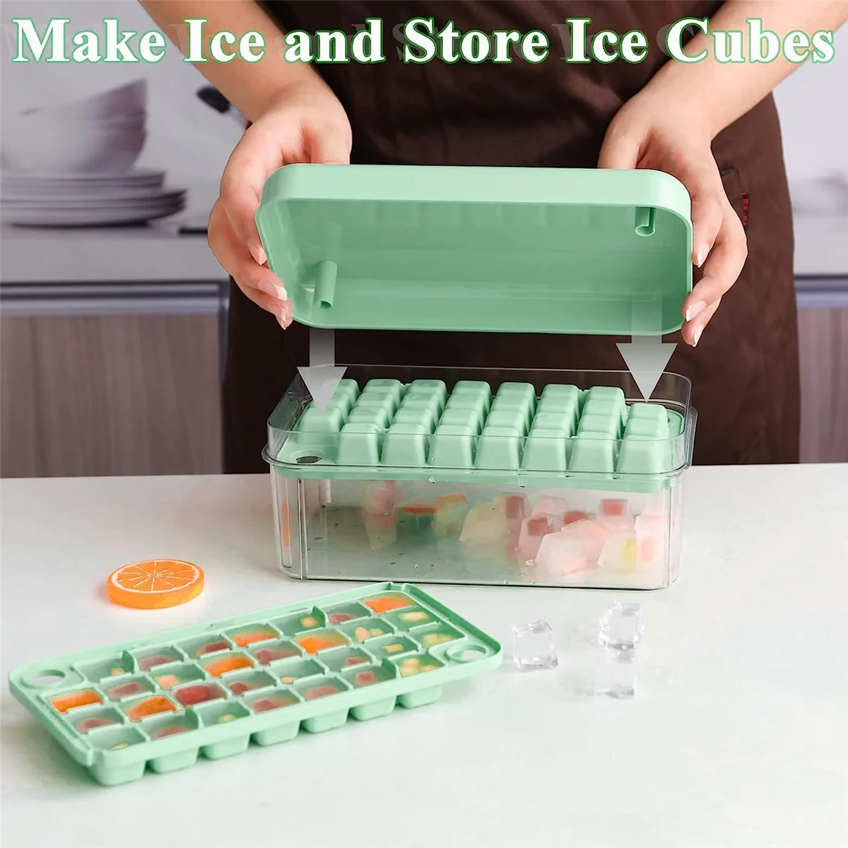Ice Cube Tray with Lid Ice Trays for Freezer Maker Mold with Container 60 Trays Easy-Release Green