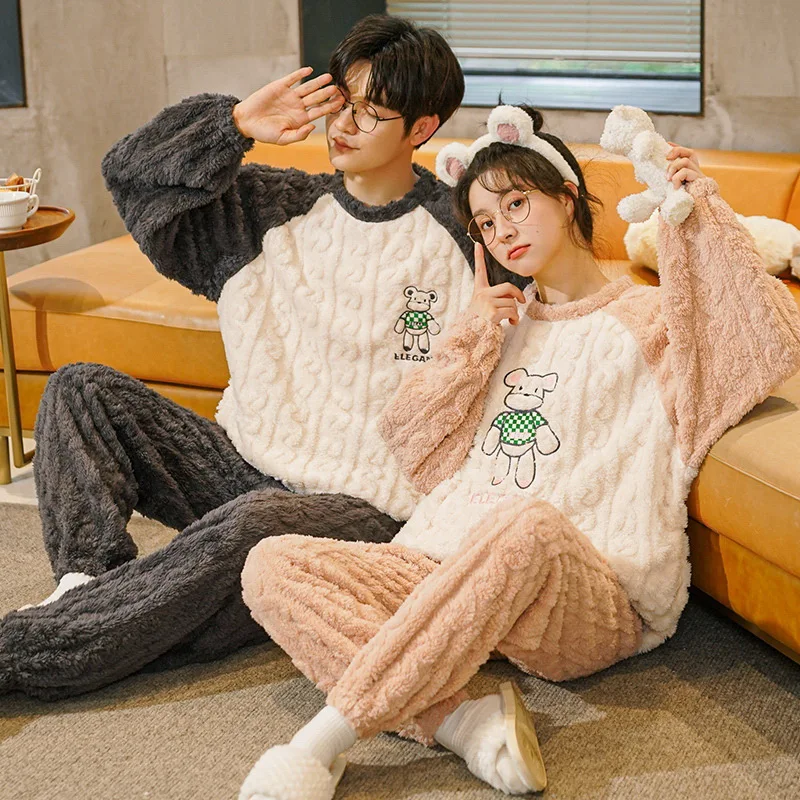 Women Winter Flannel Pajamas Set Kawaii Velvet Pyjamas for Men Girls Fashion Sleepwear Leisure Homesuit  For Lovers Couple Pjs