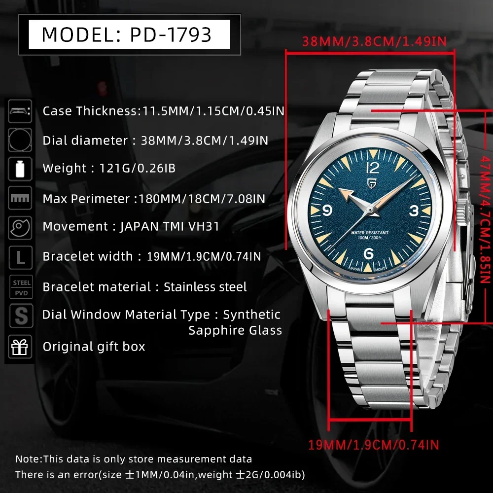 PAGANI DESIGN New Watch PD1793 38mm Quartz wristwatch VK31 Movement Sapphire stainless steel 100m waterproof Simple watch ﻿ 2
