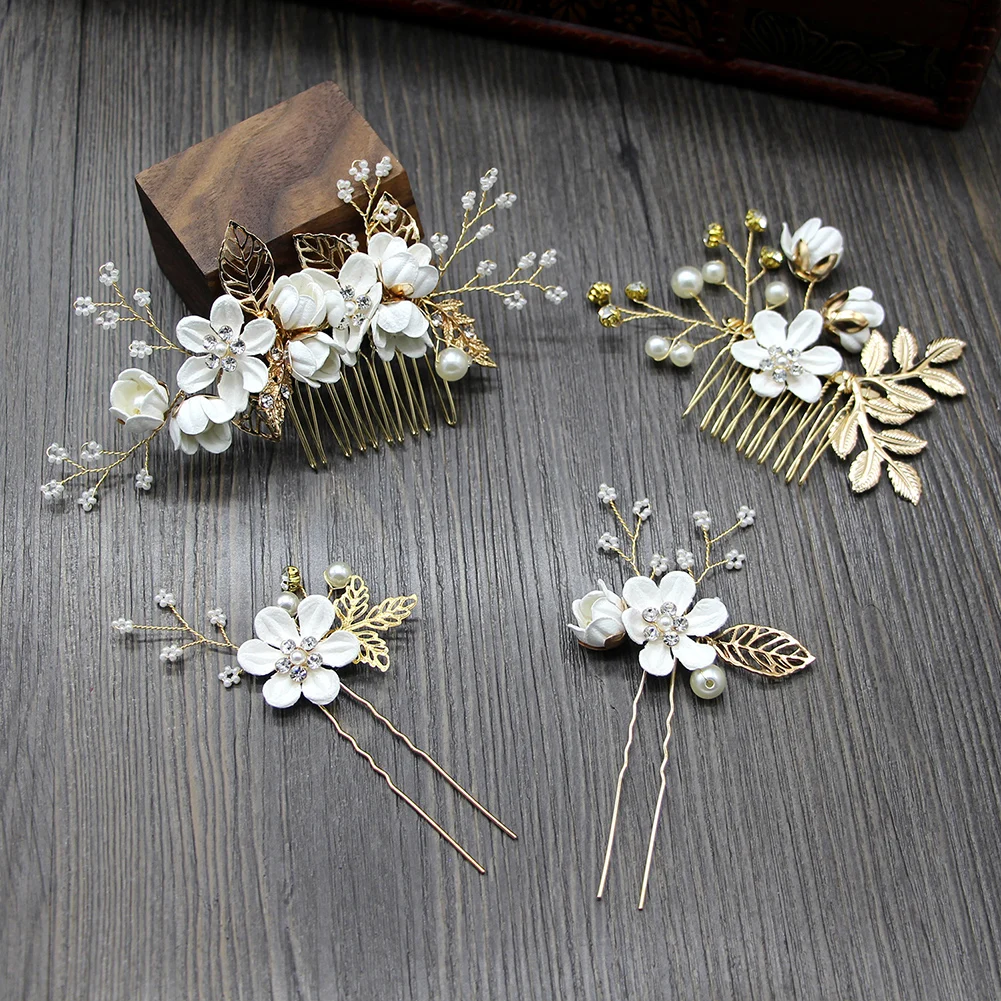 Women Bridal Headdress Vintage Pearls Floral Hair Combs Hair Gems Hair Accessories for Wedding Birthdays