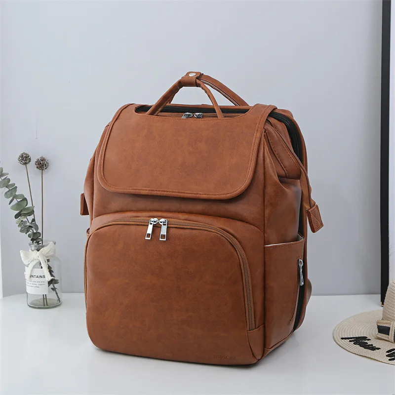 Multi Functional Mommy Bag PU Leather Diaper Bag Backpack Unisex Baby with Changing Mat Large Capacity Travel Diaper Backpack