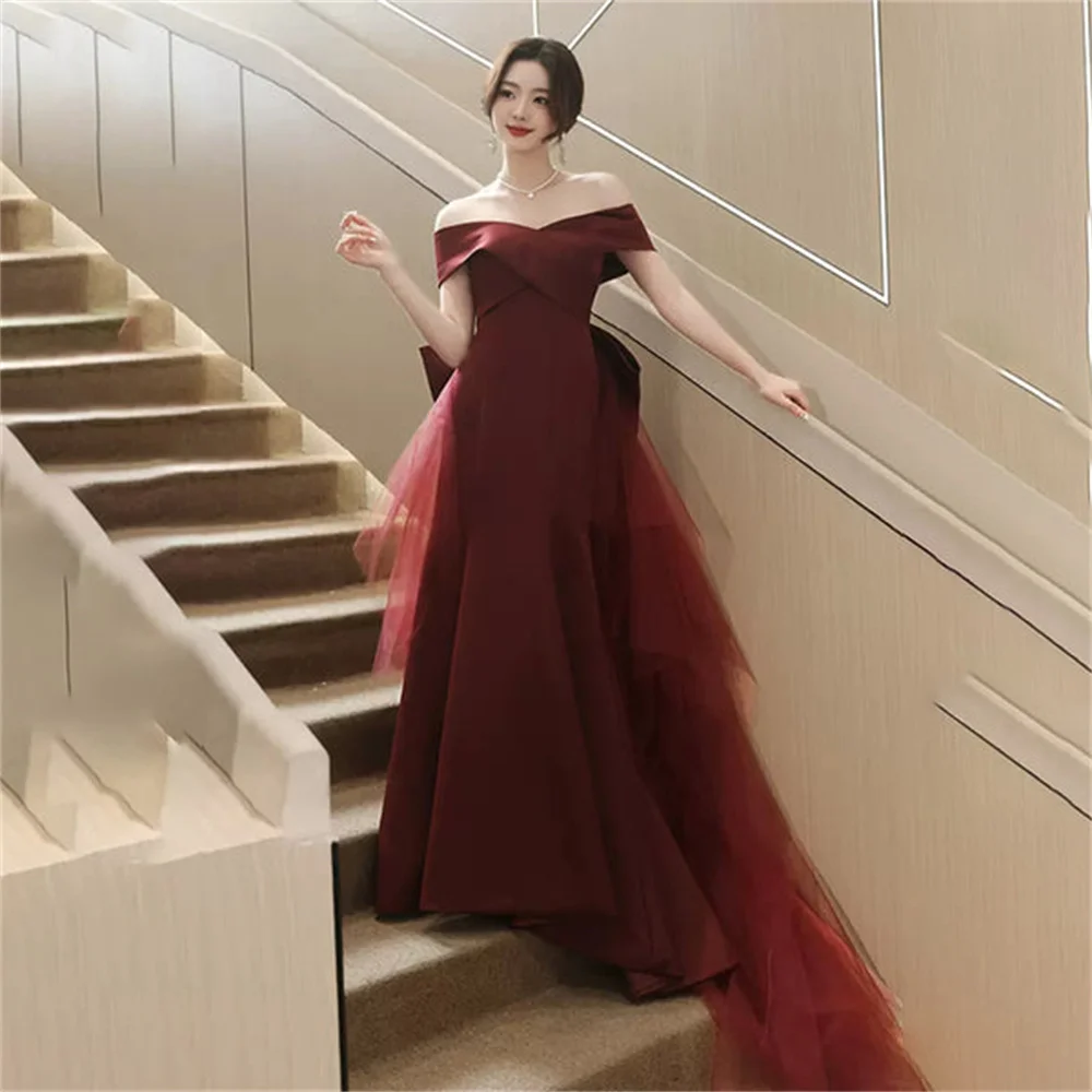 

Lily Burgundy Mermaid Special Occasion Dresses Off the Shoulder Formal Gown Back with Bow Long Evening Dress vestidos de fiesta
