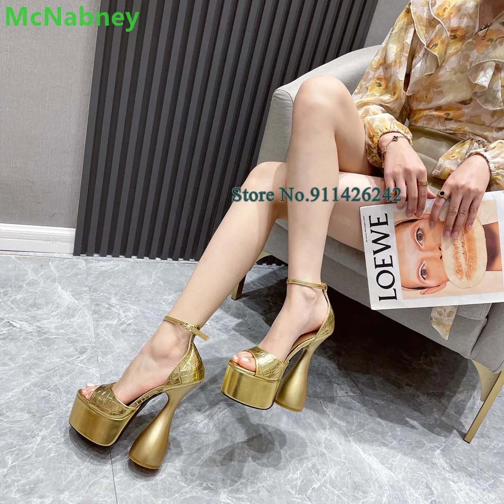

Gold Strange Heel Platform Round Toe Sandals For Female Women Ankle Strap With Buckle Shallow Handmade Runway Fashion Shoes