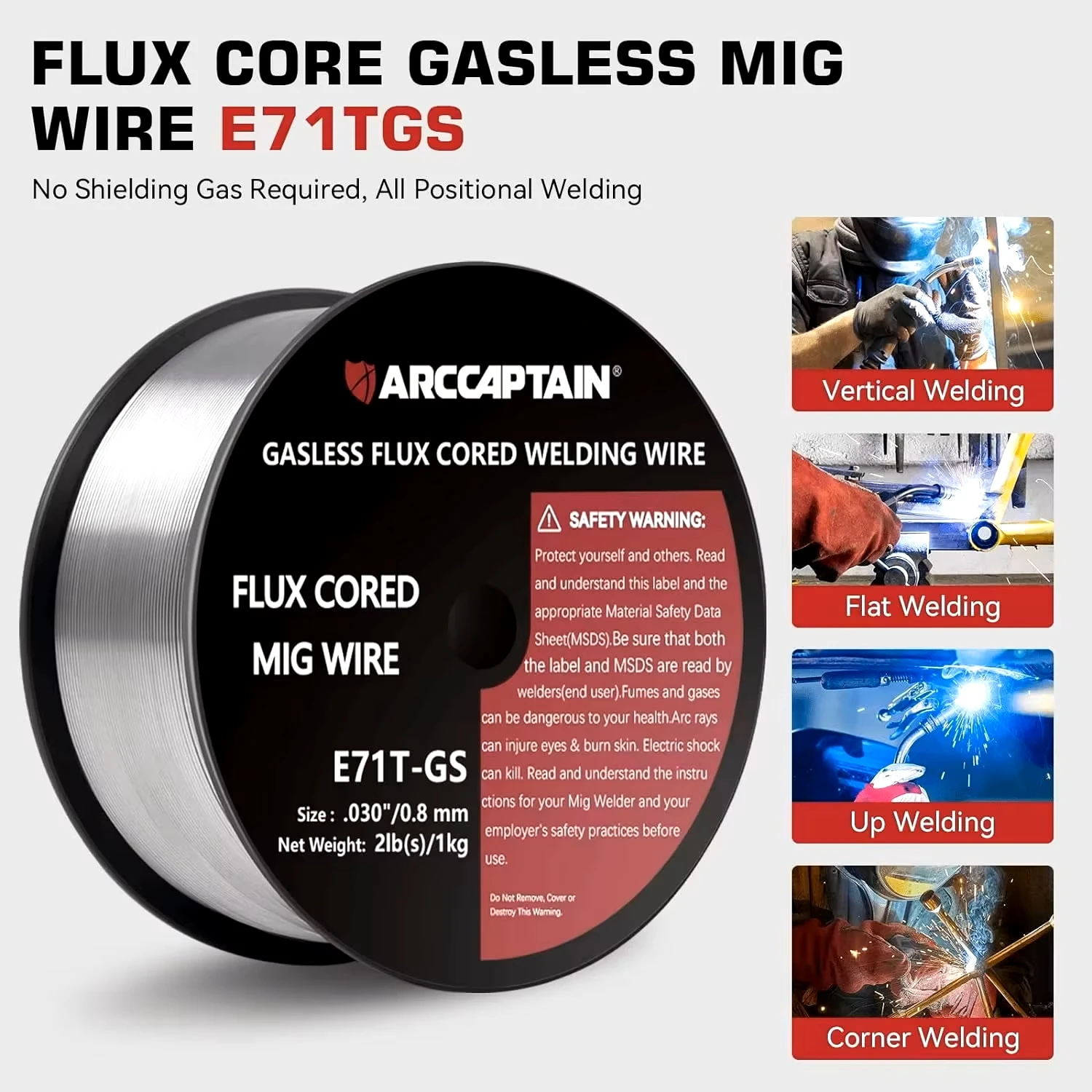 Welding Wires ARCCAPTAIN Gasless Flux Cored MIG Welding Wires 0.8mm/0.9mm 1KG 2Ib E71T-GS AWS A5.20 Carbon Steel Wire For Mig Welding Machine