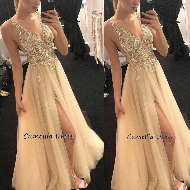 

Bridesmaid Prom Ball V Neck A-line Evening Dresses Long Open Back Prom Dresses Sleeveless Split Side Ivory Party Dresses